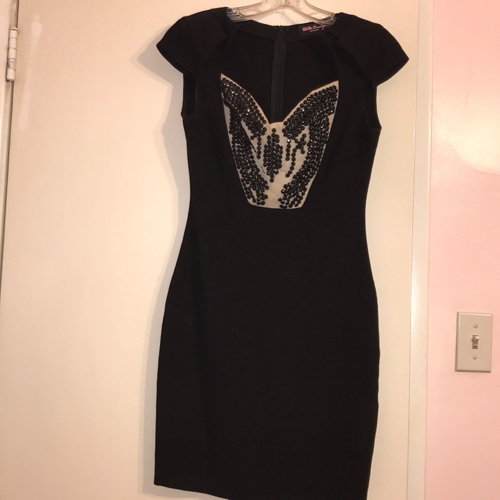 Cap sleeve beaded little black dress